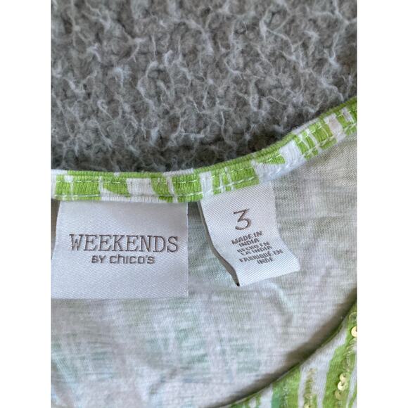 Weekends Chicos Top XL 3 Abstract Art Striped 3/4 Sleeve Green Beach Boho Shirt - Picture 14 of 16